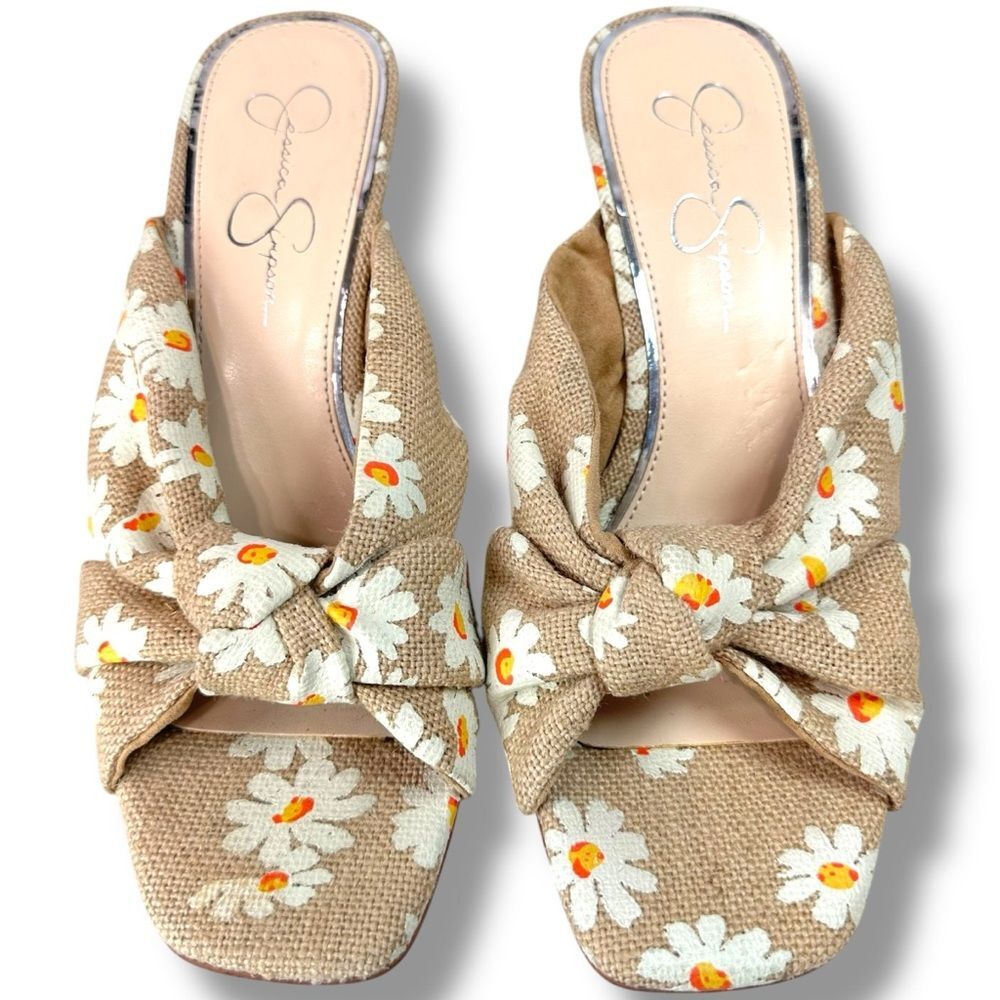Jessica Simpson Mayxie Daisy Print Square Toe Burlap Knotted Heel Sandals Size 9